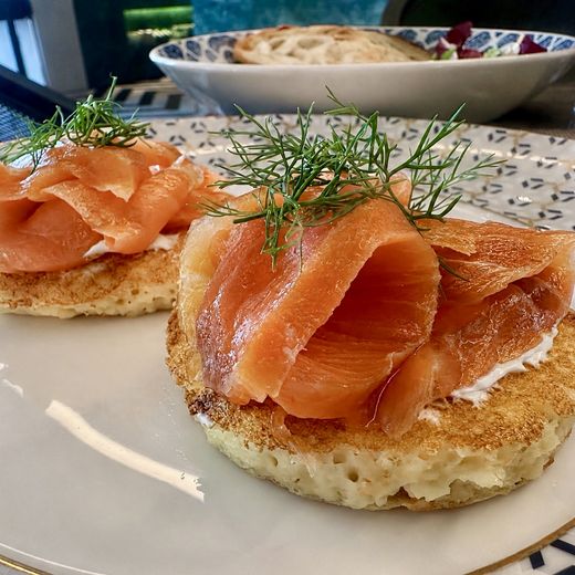 Smoked salmon and dill, cooked to order in the lounge.