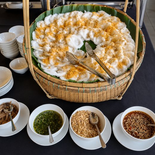 Steamed rice rolls at breakfast, part of the Vietnamese side of the buffet.