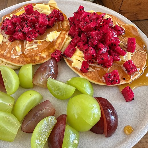 At breakfast they have our favorite, red dragon fruit, topped on pancakes.
