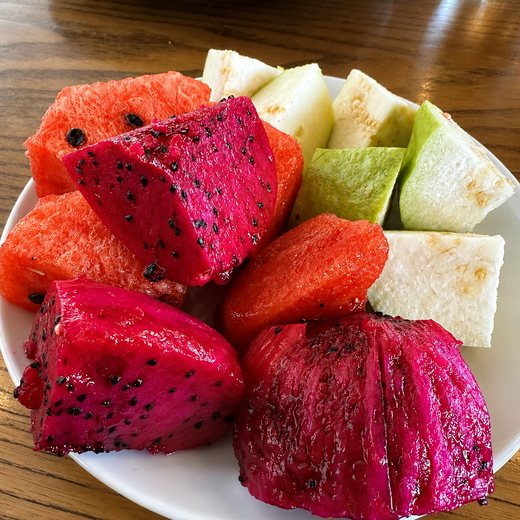 Fresh dragon fruit, watermelon and jicama from the breakfast buffet.